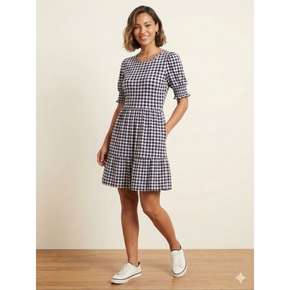 Draper James Lee Ann Gingham Tiered Dress Navy White Preppy Americana Size S